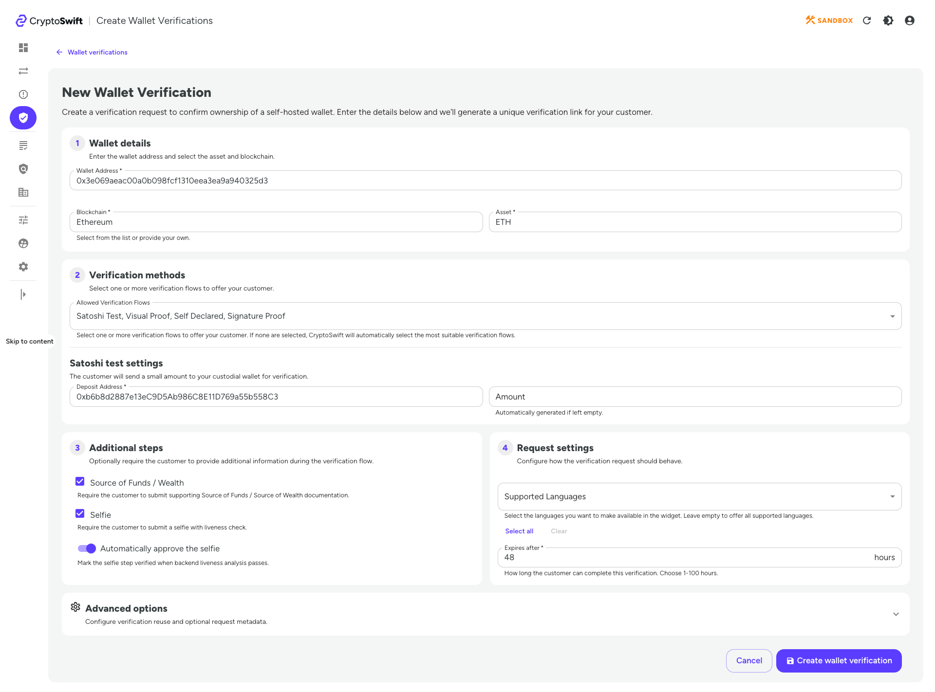 Create Wallet Verification form with Source of Funds or Wealth, Selfie, and automatic selfie approval enabled
